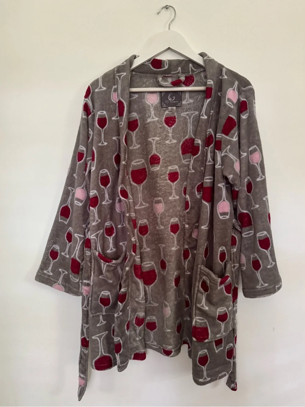 Super cozy and cute PJ Couture women's plush Wine Glasses Robe gray, red & pink